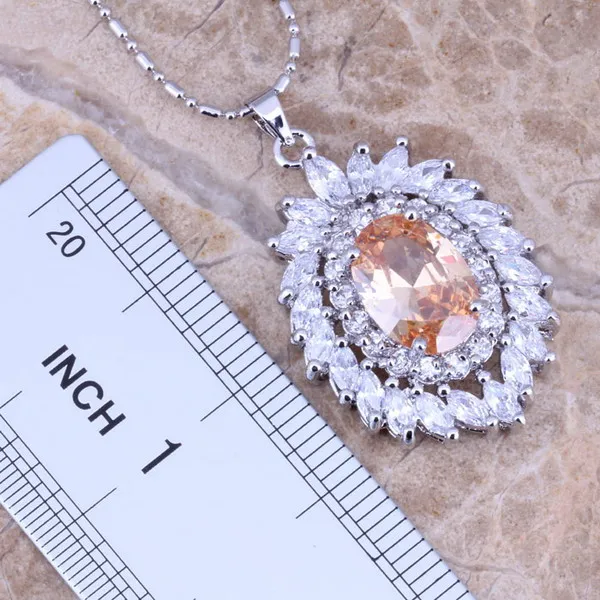 Браун Morganite Белый CZ Серебряные комплекты ювелирных изделий Серьги кулон кольцо для Для женщин Размеры 6/7/8/9/10 s0067