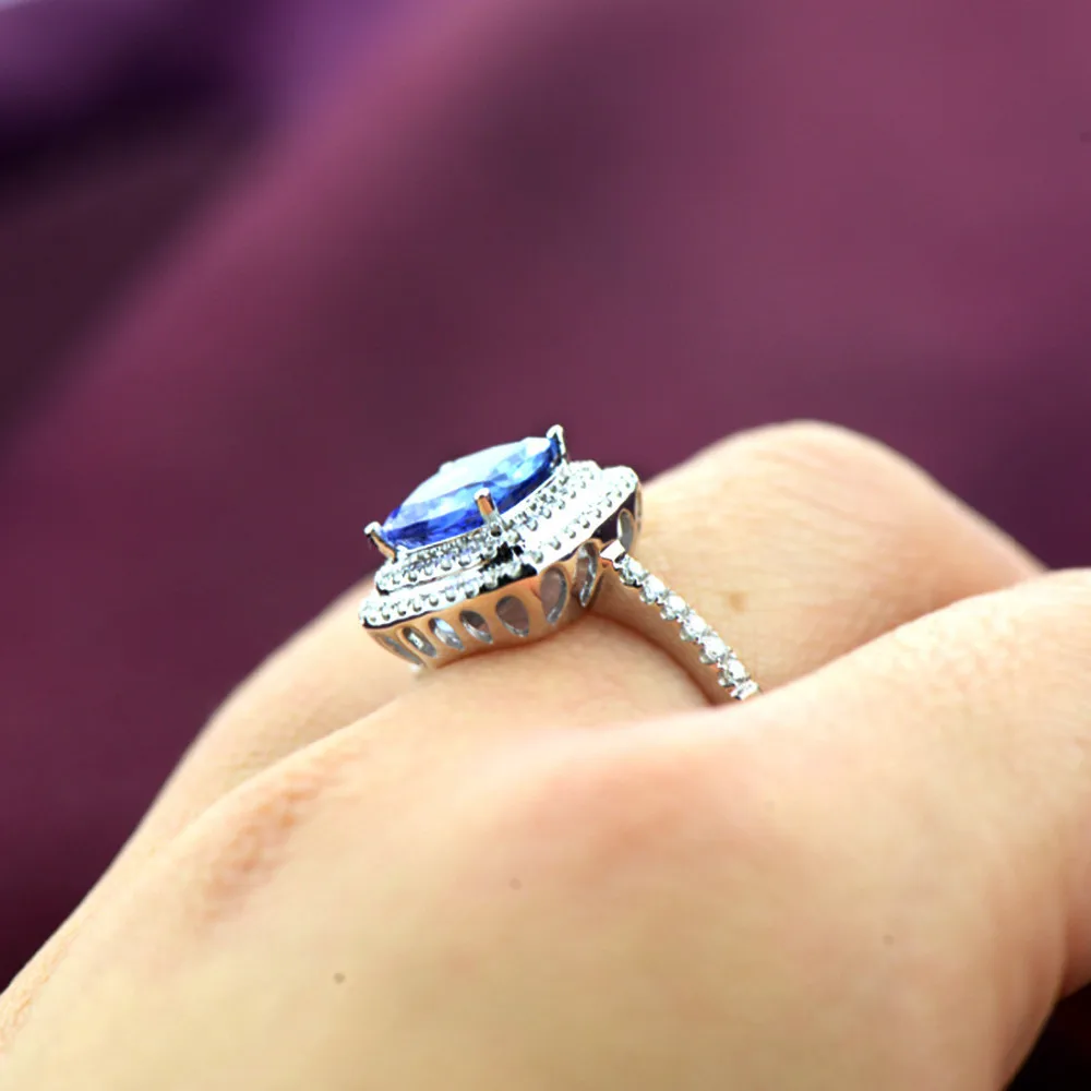 2.3-2.5ct синий драгоценный камень кольца 0.4ct природных алмазов 18 К золото Для женщин Танзанит синий кольцо Ювелирные украшения Роскошные Быстрая Diana