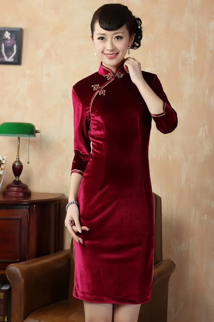Шанхай история три четверти рукав короткий Cheongsam винтажное платье по колено Qipao воротник-стойка Cheongsam Qipao