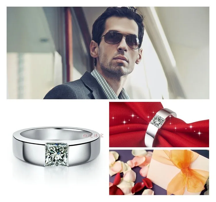 Неподражаемый квадратный вырез мужское кольцо ювелирные изделия 1Ct Solitaire NSCD красивый бриллиант кольцо для мужчин Стерлинговое серебро ювелирные изделия Платиновое покрытие