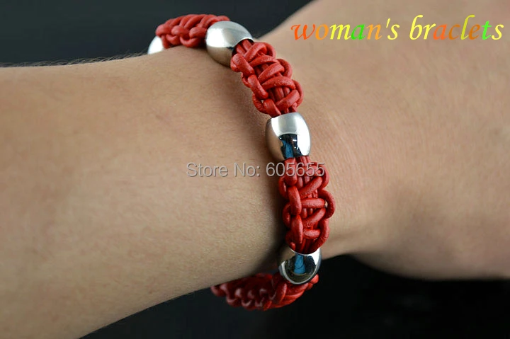 Красный Плели из натуральной кожи шнур толщиной Модные женские Браслеты Jewelry Нержавеющая сталь магнитная застежка