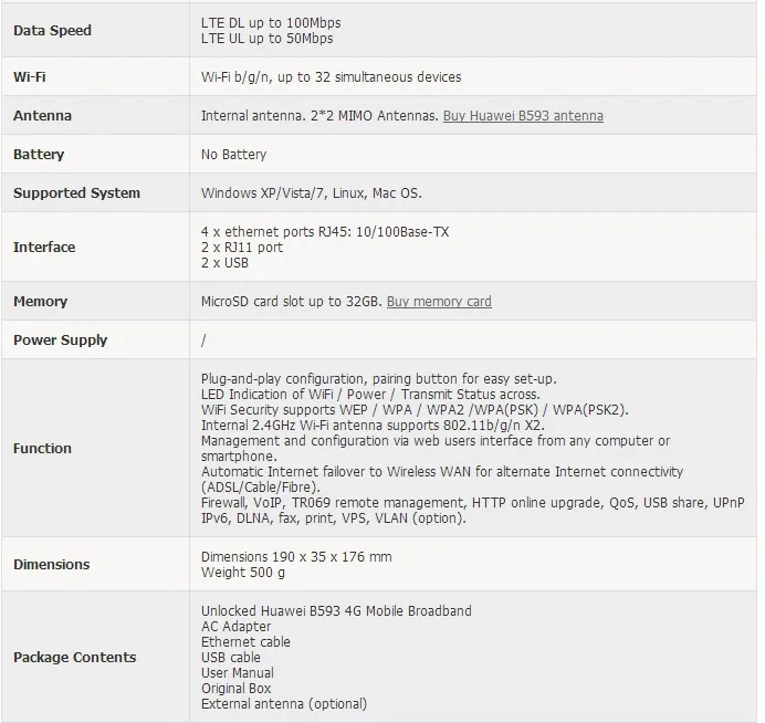Huawei B593s-12 4 аппарат не привязан к оператору сотовой связи FDD 800/900/1800/2100/2600 МГц Мобильный маршрутизатор/шлюз