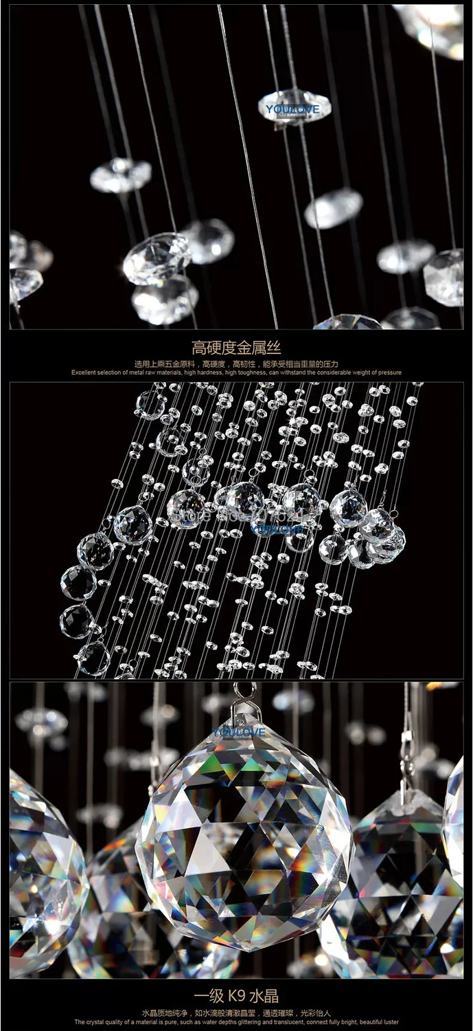 Спираль Кристалл Люстры светильники Светильник Современный Большой Кристалл droplights Villa Club дома Освещение в помещении AC110V 220 В D55CM* H250cm