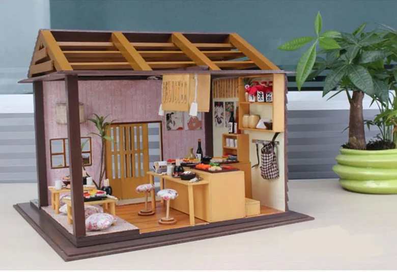 Diy деревянный кукольный дом Миниатюрный Модель Строительный комплект 3D Ручная работа Сборка Кукольный домик подарок на день рождения куклы подарок Сакура суши-бар