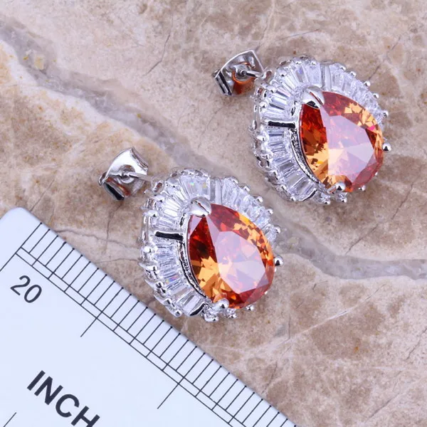 Шампанское Morganite Белый CZ Серебряные комплекты ювелирных изделий Серьги Кулон Кольцо Размеры 6/7/8/9/10 s0103