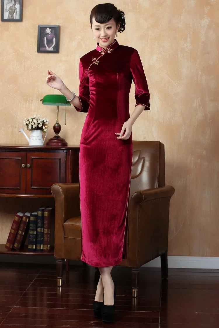 Шанхай история изысканный Китай Стиль Cheongsam платье, Женская мода осень Вышивка зимнее платье бархатное платье Qipao T0001