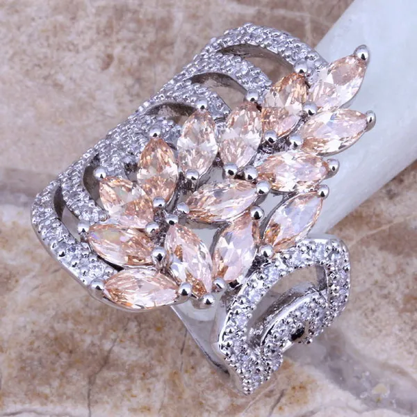 Браун Morganite белый серебряные Штампованные 925 кольцо Размеры 6/7/8/9/10 Бесплатная S0188