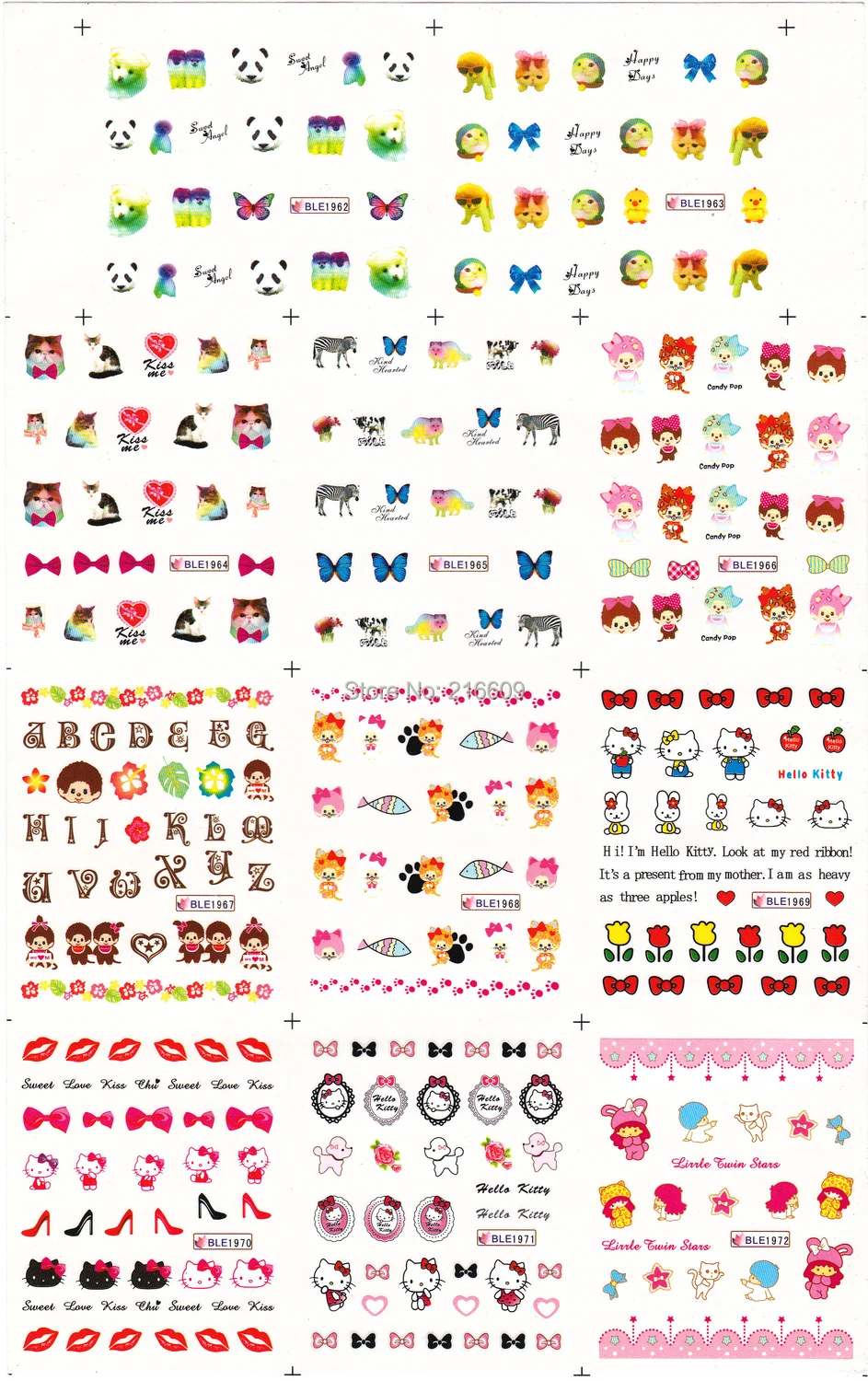 22 листа/партия 11 видов стилей мультфильм Животные hello kitty лук ногтей наклейки для ногтей переводные наклейки для ногтей украшение BLE1962-1972