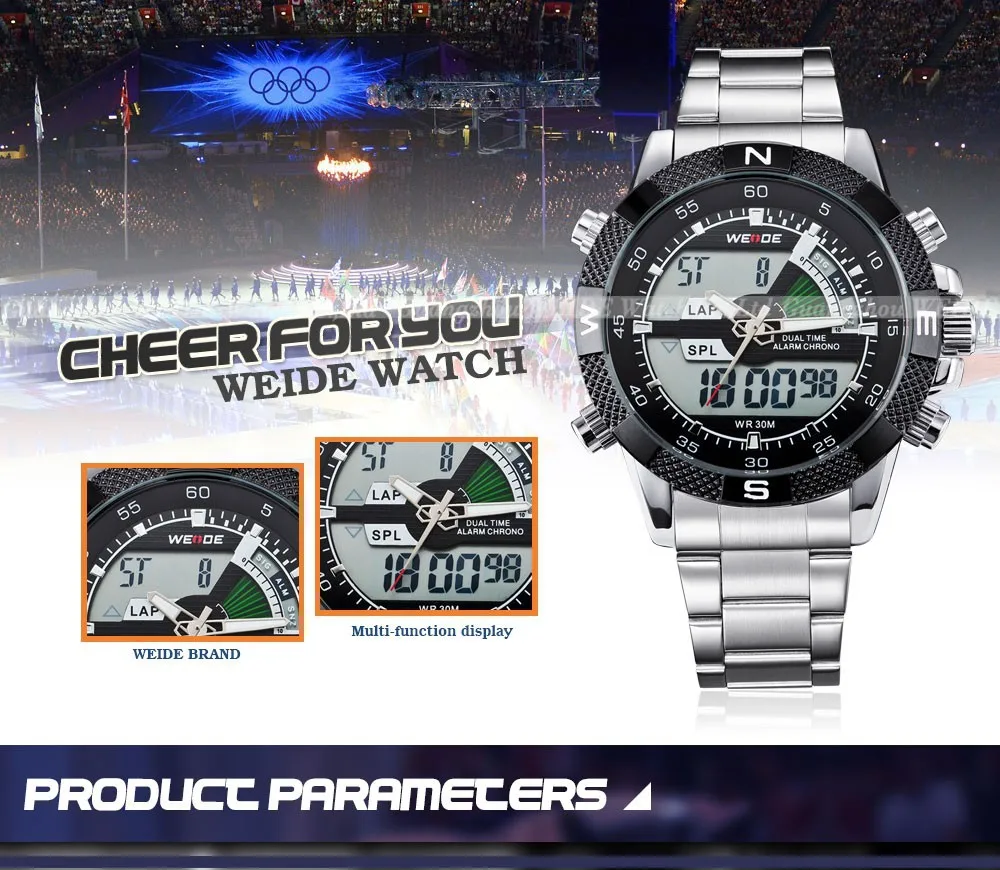 WEIDE цифровой дисплей мужские спортивные часы Роскошные бизнес военный ремешок из нержавеющей стали Кварцевые наручные часы Relogio Masculino