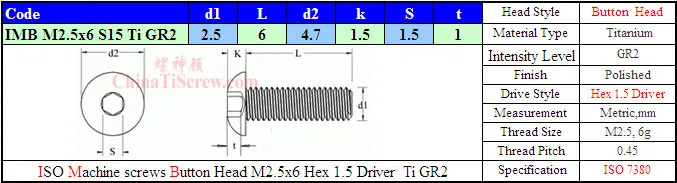 Титановый винт M2.5x6 ISO 7380 головка кнопки Шестигранная 1,5 Драйвер Ti GR2 полированная 50 шт
