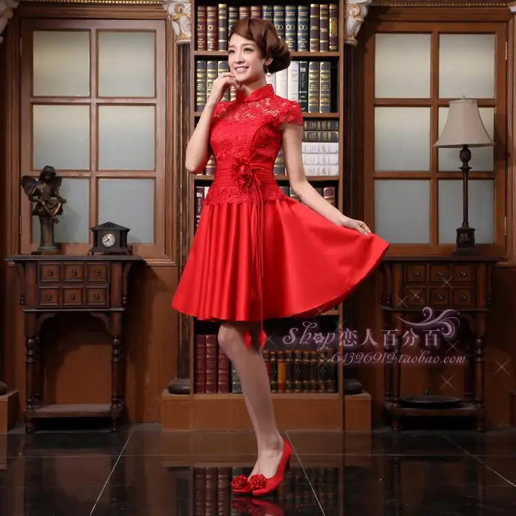 Бесплатная доставка, вечерние платья cheongsam с цветочным рисунком, новинка 2015, Модные Винтажные Красные кружевные короткие платья подружки