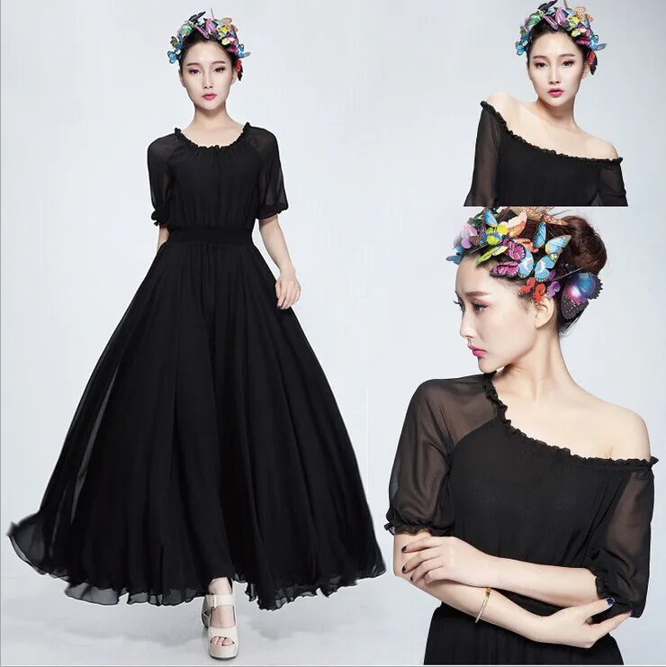 Sleeve round neck ladies chiffon dress 
