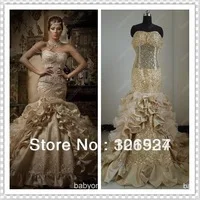 Real Sample Gold Strapless Mermaid Beaded Luxury Wedding Gowns Evening Dresses Long AB01