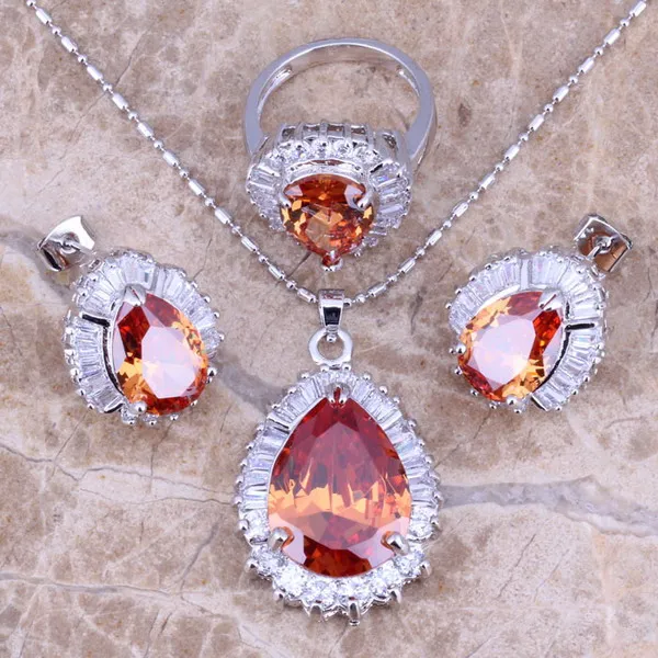 Шампанское Morganite Белый CZ Серебряные комплекты ювелирных изделий Серьги Кулон Кольцо Размеры 6/7/8/9/10 s0103