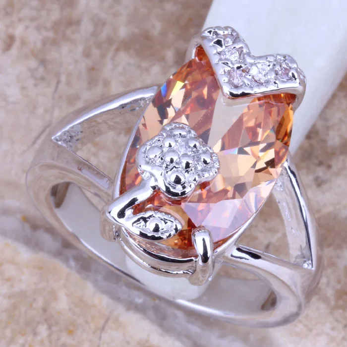 Эксклюзивный Шампанское Morganite Серебряный Штампованные 925 Для женщин цветок кольцо Размеры 6/7/8/9 r0953