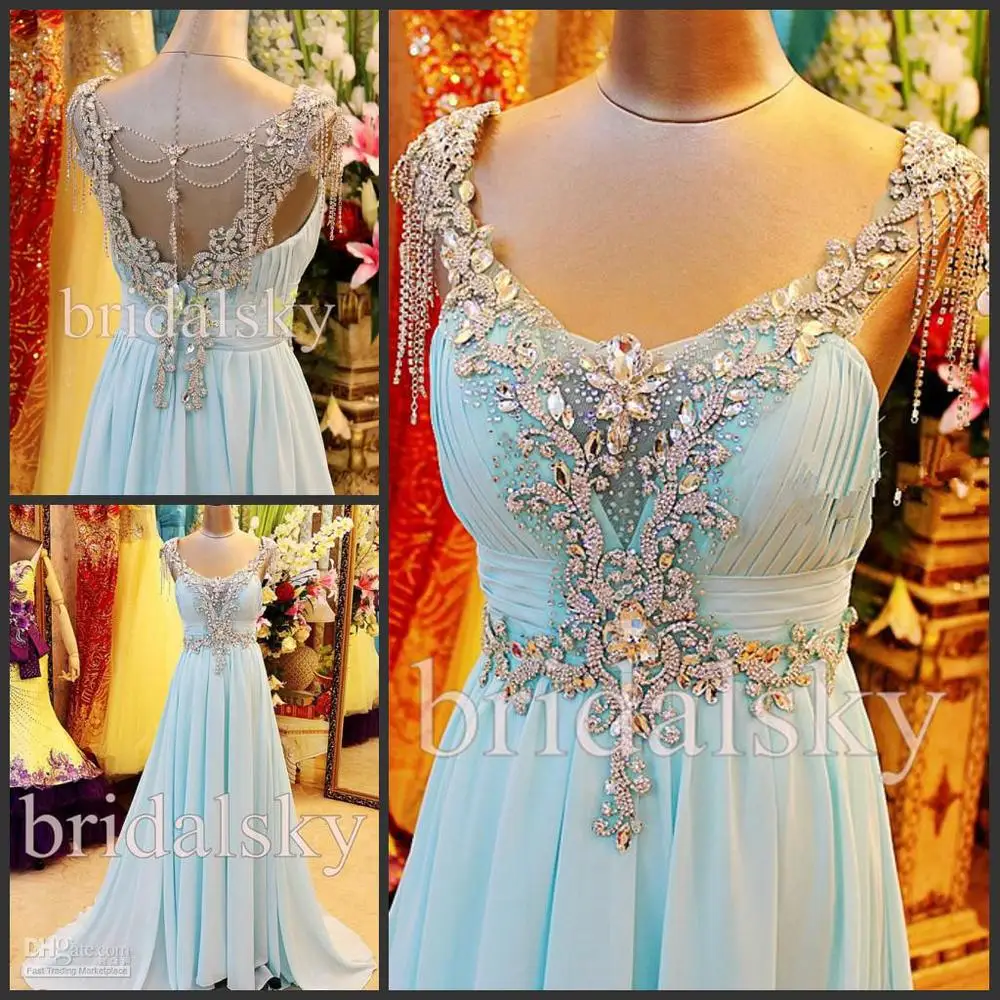 Новая мода, vestidos, сексуальное, с открытой спиной, роскошное, с кристаллами, для невесты, голубое, шифоновое, вечерние платья, выпускные платья