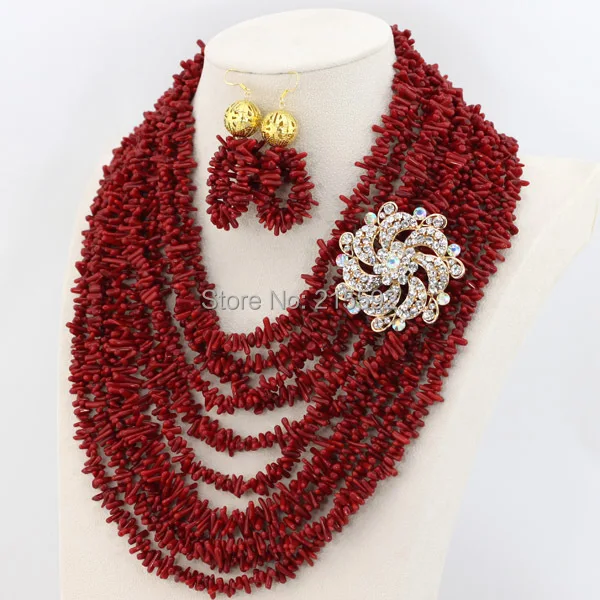 Rhinestone Цветок Африки Ювелирные наборы 10 рядов коралловый комплект ювелирных изделий Красный Свадебные невесты Цепочки и ожерелья комплект