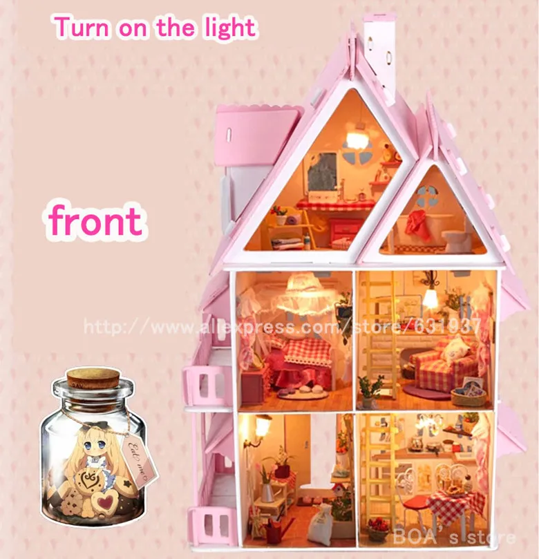 Горячие Солнечный свет Алиса розовый DIY деревянный Миниатюрный Кукольный дом мебель ручной работы 3D миниатюрный кукольный домик игрушки Gits Инструкция на английском языке
