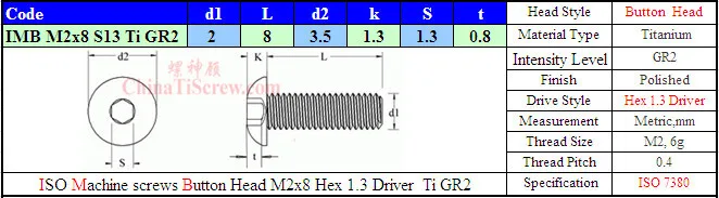 Титановый винт M2x8 ISO 7380 с шестигранной головкой 1,3 отвертка Ti GR2 полированная 50 шт