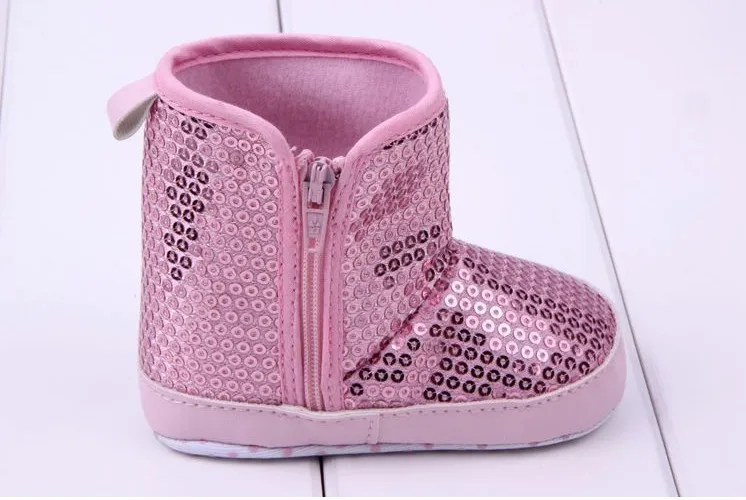 Новые для маленьких девочек сапоги Высокая обувь маленьких обувь детские туфли на мягкой подошве принцесса блестки сапоги для малышки малыша ботинки