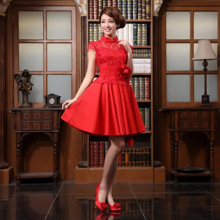 Бесплатная доставка, вечерние платья cheongsam с цветочным рисунком, новинка 2015, Модные Винтажные Красные кружевные короткие платья подружки