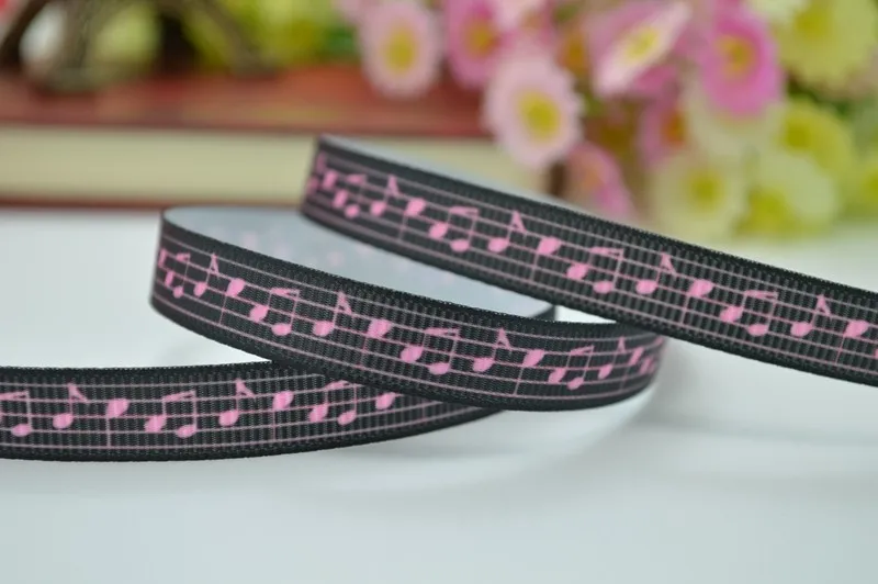 50Y DUWES 3/" 9 мм розовый Note черный напечатанный grosgrain лента, лента для волос «сделай сам» ручной работы одежда материалы оптом OEM