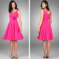 Wholesale - 2013 New Fushcia Knee length chiffon Bridemaid Dresses with V neckline MC447