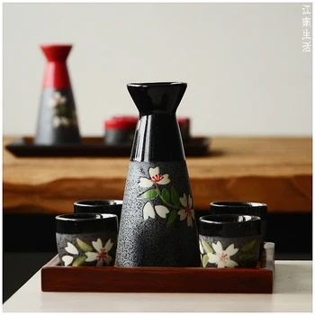 

Japanese hand-painted white wine pot cup cherry blossom birthday gift sake wine set bowl fruit wine dispenser liquor 5pcs/set