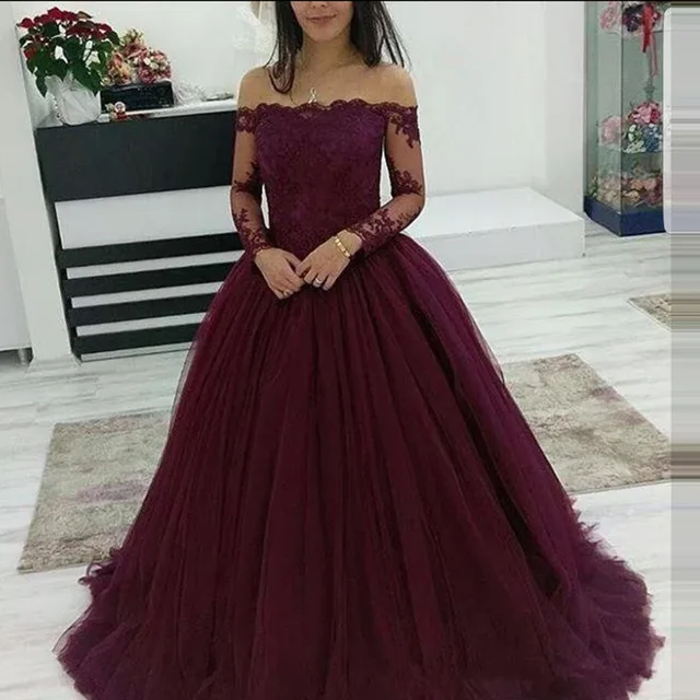 Бальное платье с открытыми плечами, кружевное вечернее платье с длинными рукавами, длинное платье, платье для выпускного вечера