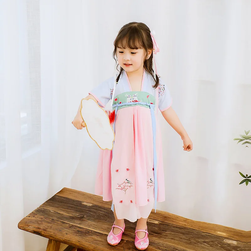 Hanfu костюм, китайский, традиционный Летняя Одежда для девочек в китайском стиле Стиль детей народного танца Костюм Древняя китайская детская одежда DQL1011