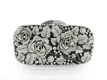 #8207 Crystal Rose Flower Floral Bridal Party Black hollow Metal Evening purse clutch bag handbag case