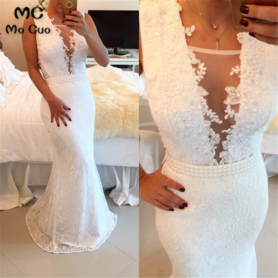 

Arabian 2018 White Evening dresses Long Robe de soiree Arabic Deep V-Neck Appliques Lace Pearls White Evening dress for women