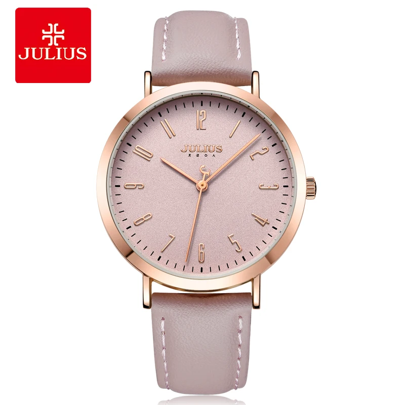 Julius Watch Brand New Original Designer Quartz Simple Women watches Large Dial Pink Leather Strap Female Clock Montre Ja 1017 Quartz Wristwatches