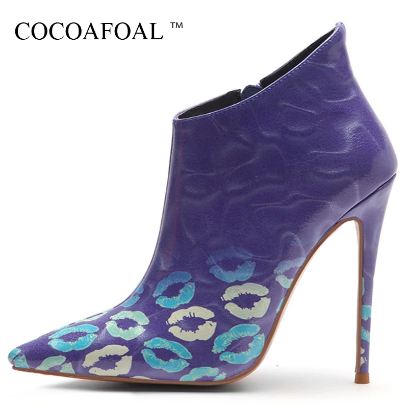 

COCOAFOAL Winter Women's High Heels Ankle Boots Woman Printing Chelsea Boots Fashion Pointed Toe Shoes Martin Boots Purple