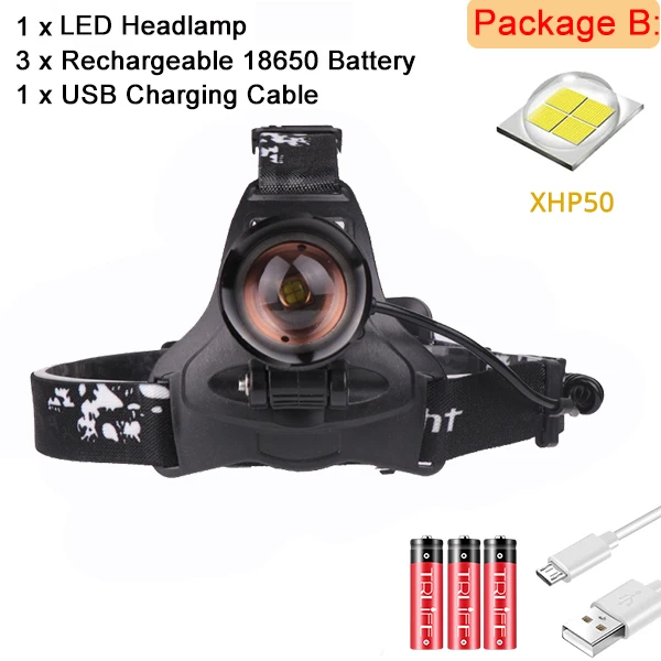 Package B Настоящий XHP50 светодиодный налобный фонарь супер яркий V6 налобный фонарь XHP70.2 18650 зарядка через usb фонарик для охоты и велоспорта - Испускаемый цвет: Package B