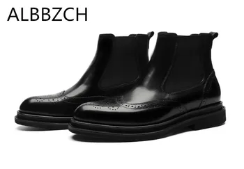 

Fashion thick bottom genuine leather men boots round toe slip on ankle boots high quality men's work boots plus isze 38 44 US 10