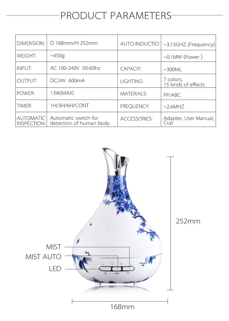 Diffuserlove 300ML Intelligent humidifier Essential Oil Diffuser Ultrasonic Air Humidifier with 7 Color LED Light for Home