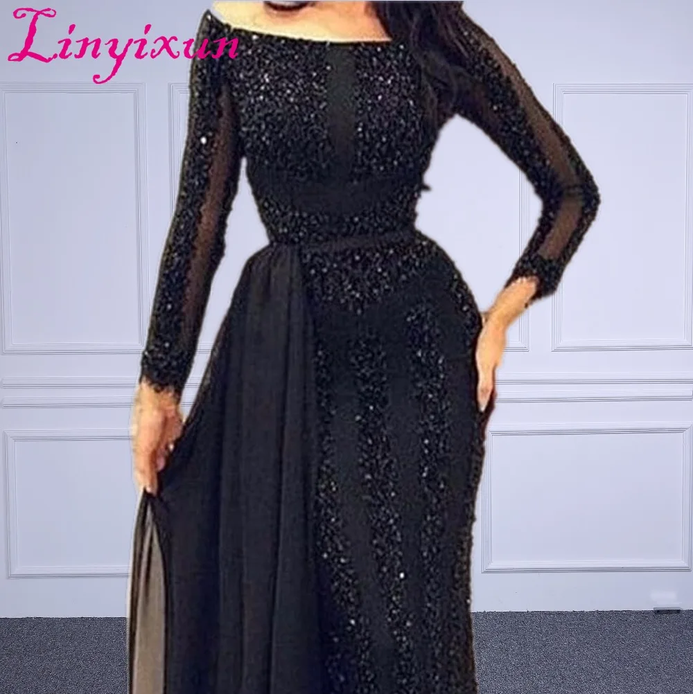 Wholesale Arabic Muslim Evening Dress Long sleeve Beading Black Formal Prom Dress Custom Made Evening Party Gown