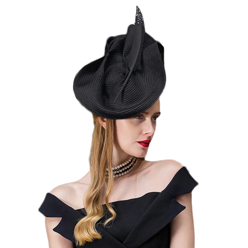 Black Derby Hat Женская шляпа-таблетка Sinamay, винтажная, черная, серая, элегантная фетровая шляпа, свадебные женские шляпы с перьями - Цвет: Black Derby Hat