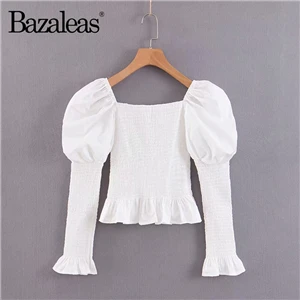 L104 white Bazaleas винтажная женская футболка с оборками белая эластичная Футболка harajuku Повседневная французская тонкая футболка с пышными рукавами Прямая - Цвет: L104 white