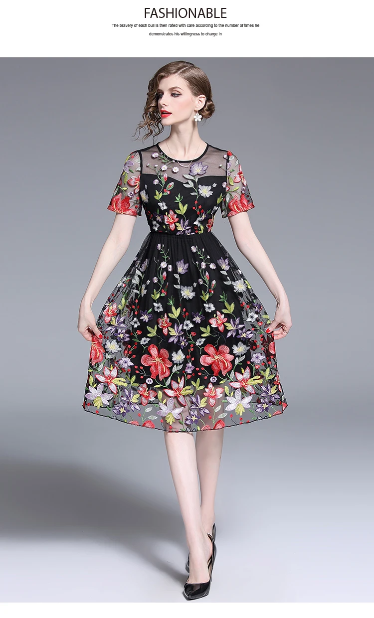Женское летнее платье в стиле ретро с цветочной вышивкой Vestido Invierno Mujer, высокая талия, черный длинный подол вечерние платья K6810