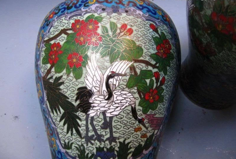 Китай дворец Pure Bronze Медь перегородчатой японского журавля КРОК ваза