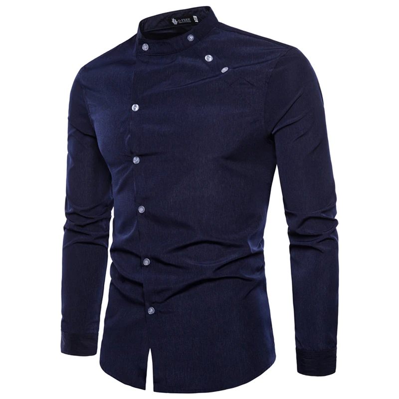 

LEFT ROM 2019 New Men autumn Pure cotton Stand collar Oblique buttons long sleeve shirts/Man Pure cotton slim Fit Casual shirts