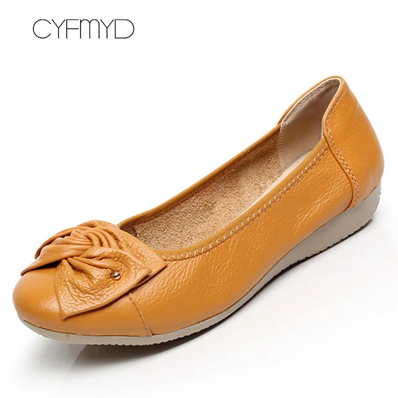 Dark yellow Туфли на плоской подошве; женская повседневная обувь с бантом; Модные женские водонепроницаемые мокасины из натуральной кожи; большие размеры 41/42/43 - Цвет: Dark yellow