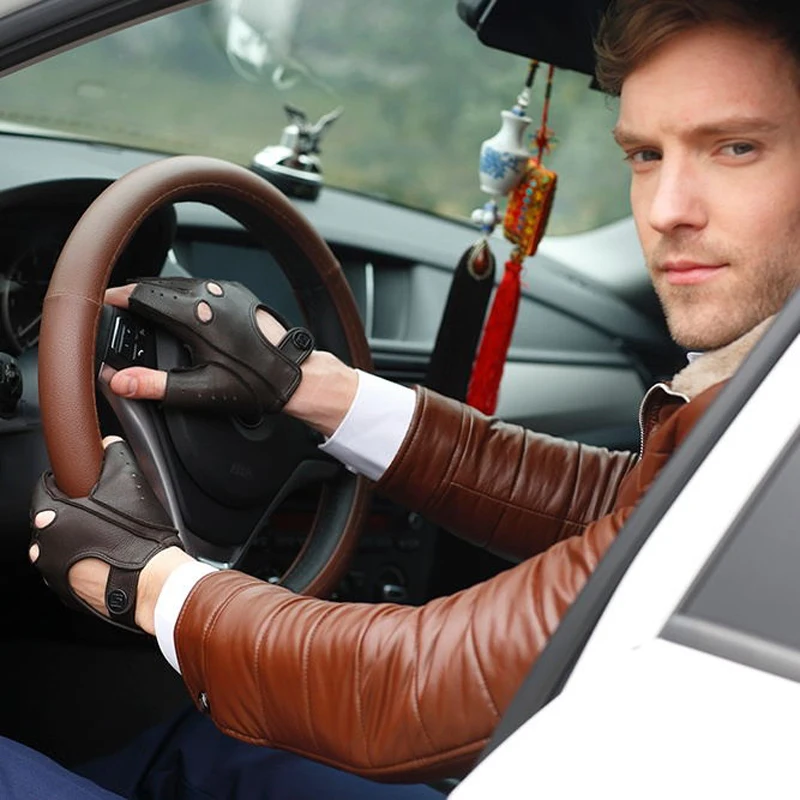 

Autumn Spring Men's Genuine Leather Gloves Driving Unlined 100% Deerskin Half Fingerless Gloves Fingerless Fitness Gloves