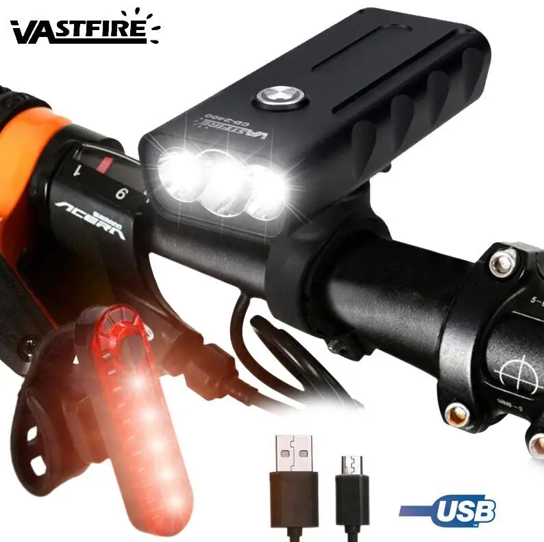 With USB Taillight Водонепроницаемый USB Перезаряжаемые велосипед светильник 3* T6 передняя фара для велосипеда головной светильник безопасности ночной велосипедный фонарь встроенный Батарея велосипед флэш-светильник - Цвет: With USB Taillight