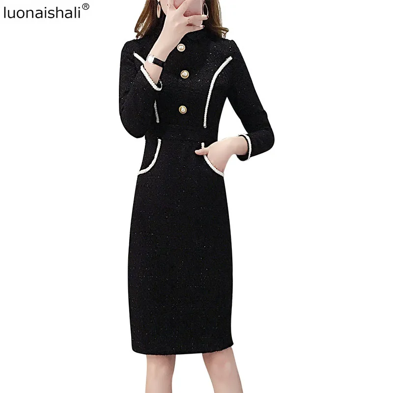 Black Милые модные корейские платья для девочек однобортные короткие платья-футляры с длинными рукавами и отложным воротником шерстяное Повседневное платье Z518 - Цвет: Black