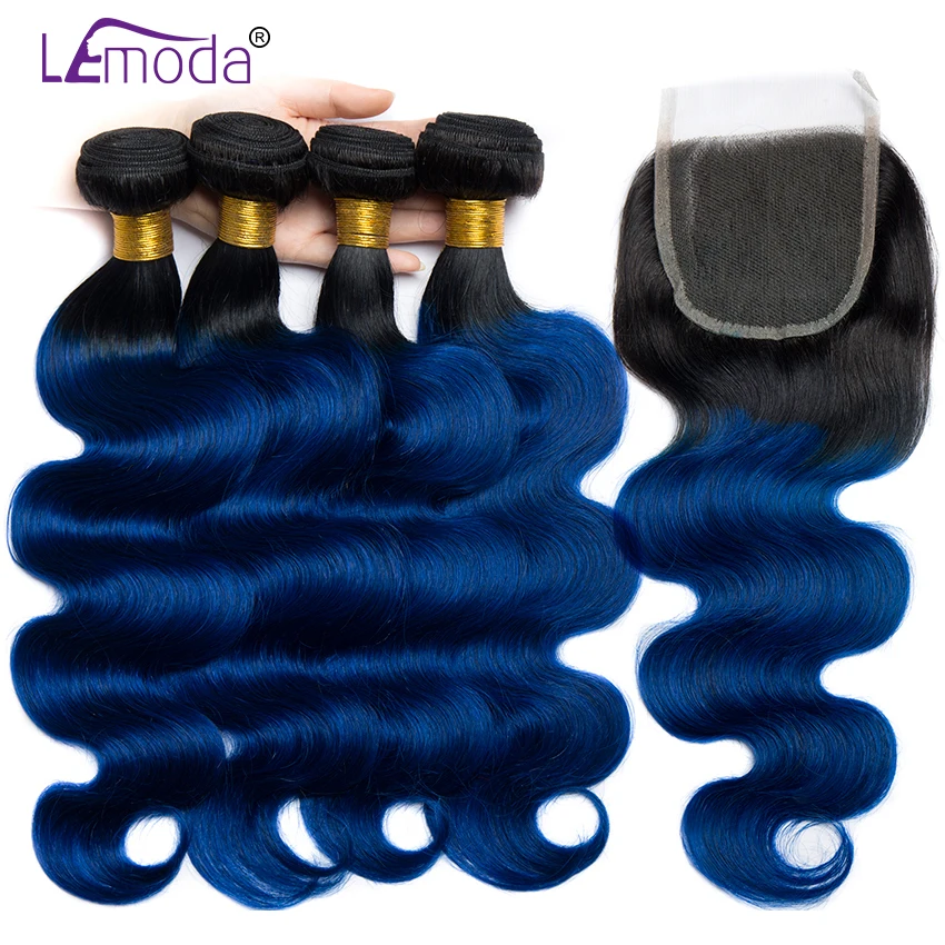 Lemoda волосы объемная волна 1B/синий Омбре пучки с закрытием бразильские волосы плетение 3 пучки с закрытием не Реми волосы расширения