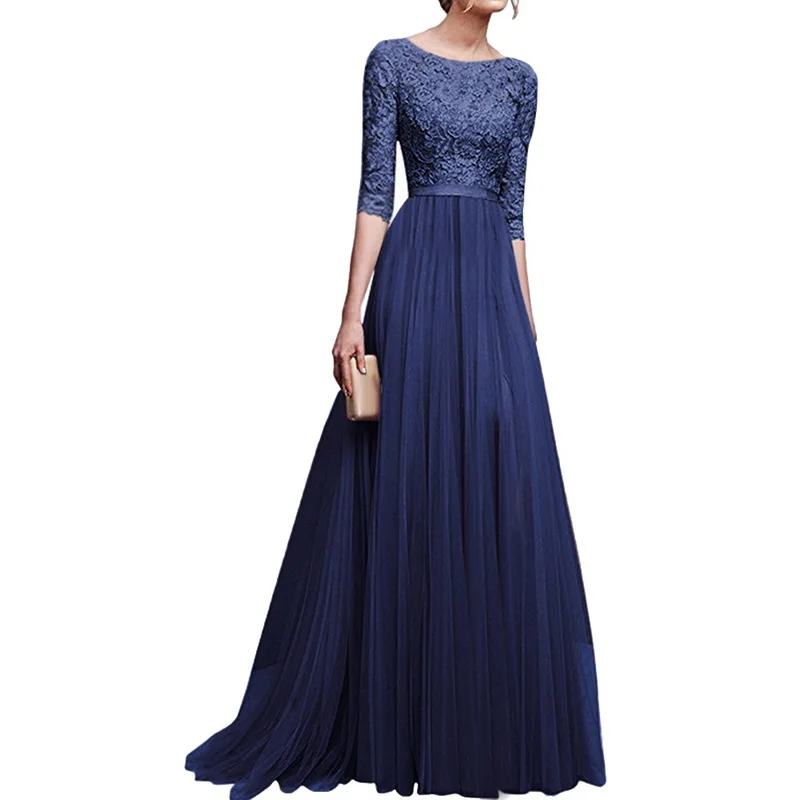 MONERFFI New Female Full Sleeve Chiffon Maxi Vestido Lace Stitching Floor-length Dress Women Party Prom Evening Long Dress