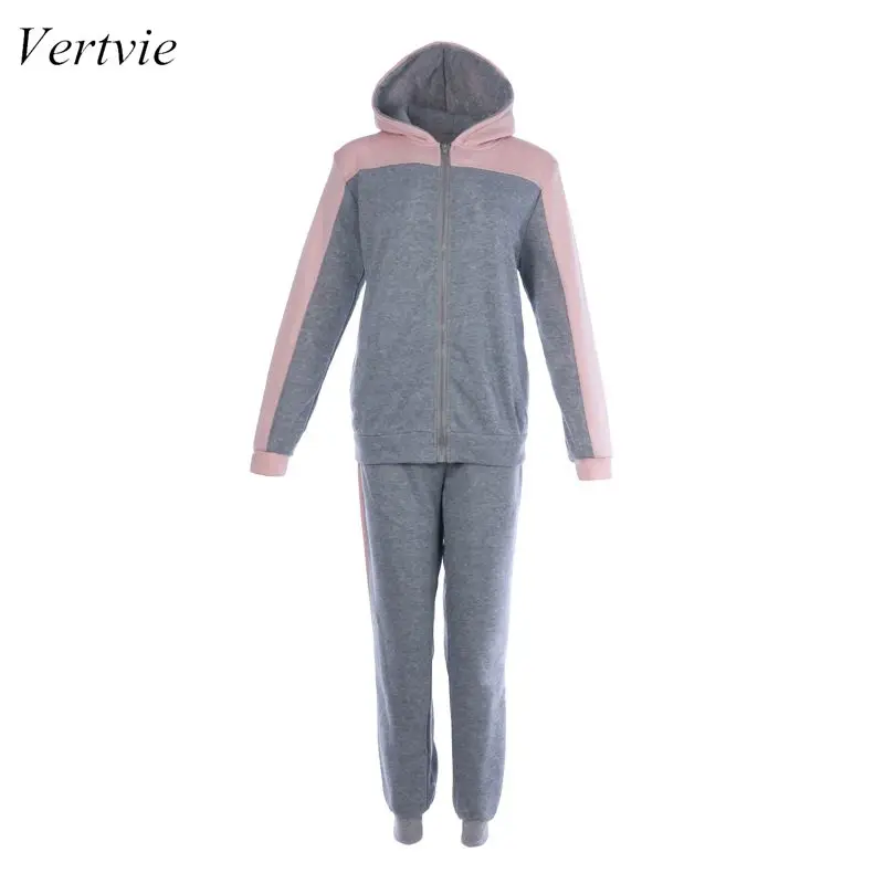 

Vertvie 2019 Women's Tracksuit Sweater Stitching Color Suit Long Sleeve Zipper Hat Shirt Trousers Warm Plus Size Sportswear